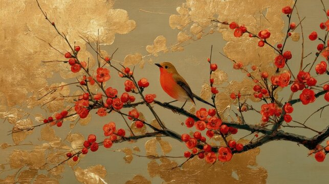 Bird on flowering branch with gold background