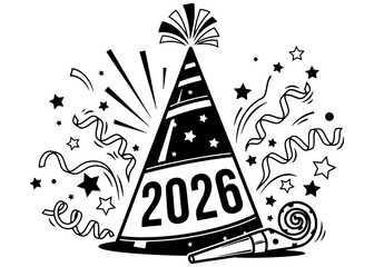 Happy New Year 2026 party hat with confetti, streamers, and a horn. Black and white graphic vector illustration for a celebration.