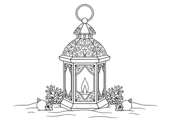 Title: Hand-drawn ornate Christmas lantern with a glowing candle in the snow. Festive holiday line art vector with pinecones for a coloring book.
