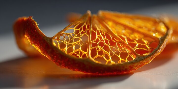 Dried orange slice showcasing delicate textures and vibrant colors on a bright surface