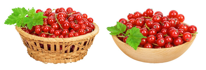 Red currant berries in a wicker basket and wooden bowl isolated on white background