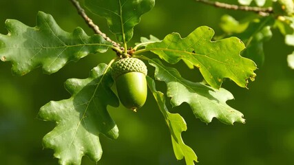 Small green acorn dangles from a branch of an oak tree, bathed in the warm summer sunlight. The leaves and fruit sway softly in the gentle breeze