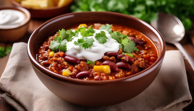 a hearty bowl of chili con carne topped with sour cream and cilantro offering a burst of flavors and vibrant colors
