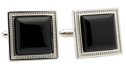 Pair of square black onyx cufflinks with silver frame, isolated on transparent background