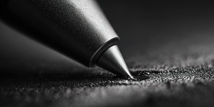 Detailed close-up of a black pen tip poised to write on textured surface in a dark setting, showcasing precision and focus