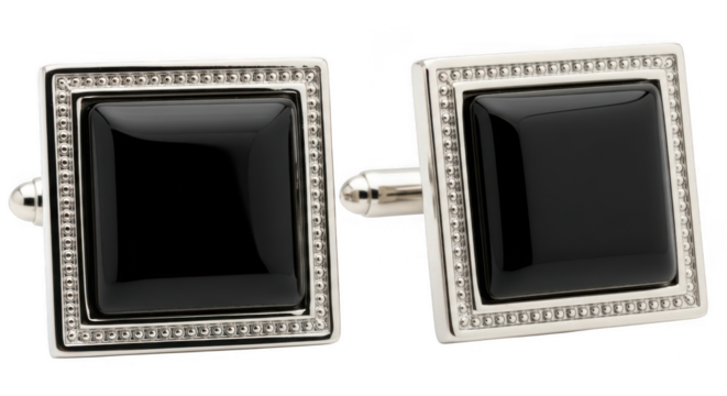 Pair of square black onyx cufflinks with silver frame, isolated on transparent background