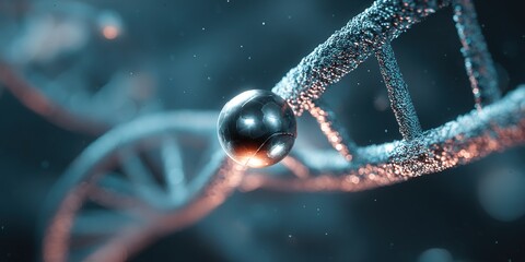 Detailed view of a DNA strand with a metallic sphere symbolizing genetic research in a scientific lab environment