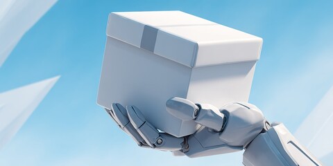 Robot hand holding a small white box against a bright blue background during a futuristic delivery scene