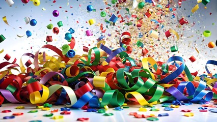 A pile of colorful ribbons and confetti creates a festive and celebratory scene