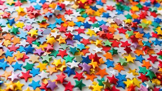 Many colorful stars are scattered on a white background, creating a festive and joyful pattern - Powered by Adobe