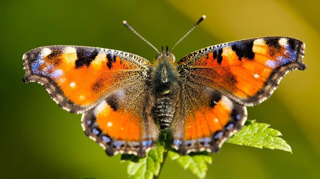 Macro video of a small tortoiseshell butterfly, aglais urticae, opening its colorful orange wings while sitting on a plant in a summer garden
