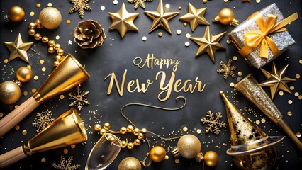 Happy new year greeting surrounded by gold stars, ornaments, and confetti on a black background