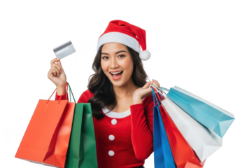 Woman in santa hat holding shopping bags and credit card, isolated on transparent background