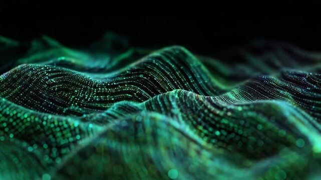 Green digital wave displaying data particle flow background