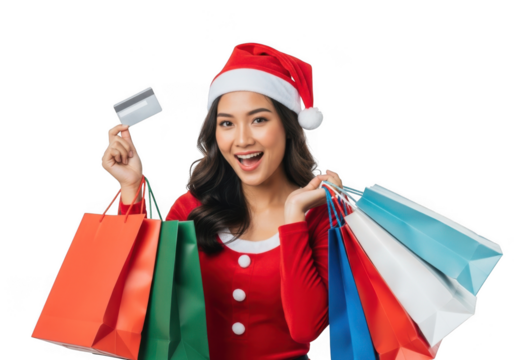 Woman in santa hat holding shopping bags and credit card, isolated on transparent background