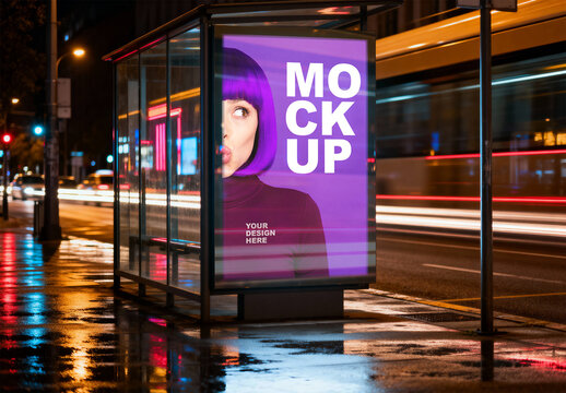 Illuminated Street Poster Mockup at Bus Stop with Night City Light Trails