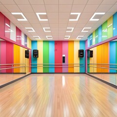 Vibrant dance studio with colorful walls and mirrored walls