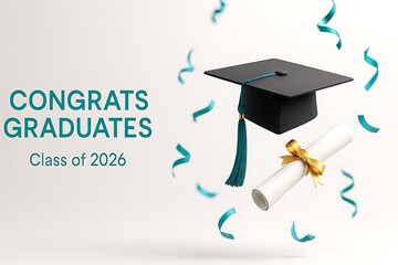 Graduation cap diploma and confetti with congratulatory message