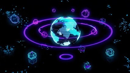 Futuristic neon globe animation with geometric shapes - Powered by Adobe