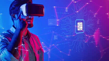 Young man immersed in a virtual reality experience, interacting with vibrant digital networks and futuristic technology, showcasing possibilities of modern innovations. Raster
