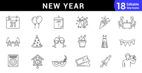 New year celebration line icon set. Editable outline party, fireworks, celebration, dance, wishes, events and more. Vector illustration
