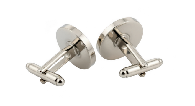 Pair of silver cufflinks with a classic oval design, isolated on transparent background