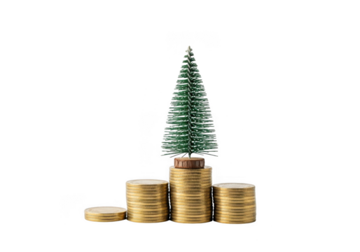 A small christmas tree stands on a stack of gold coins, symbolizing financial growth during the holiday season, isolated on transparent background - Powered by Adobe