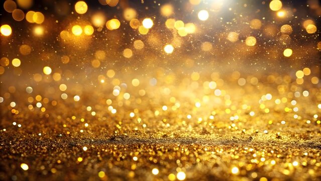 A shimmering gold glitter background with sparkling bokeh lights, perfect for a celebratory design