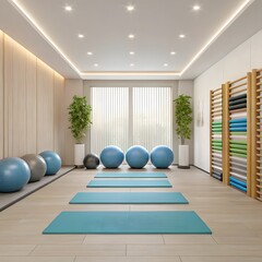 Modern yoga studio with exercise balls and mats ready for class