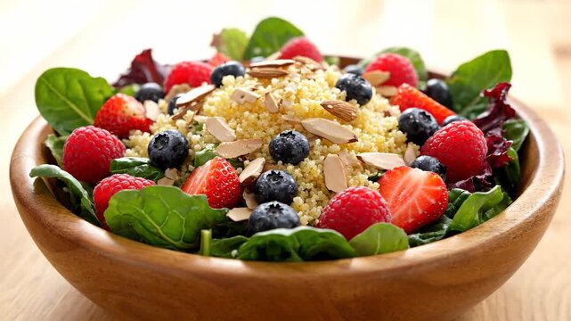 Healthy and delicious couscous salad with spinach, almonds, strawberries, blueberries, and raspberries rotating in a wooden bowl