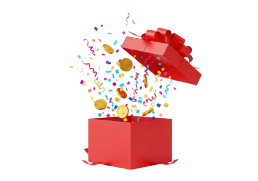 Red gift box with exploding confetti, coins, and streamers isolated on transparent background
