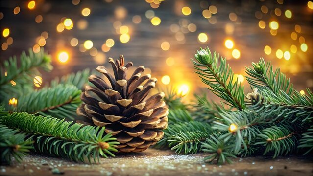 A large pine cone rests on a wooden surface surrounded by evergreen branches and warm golden lights
