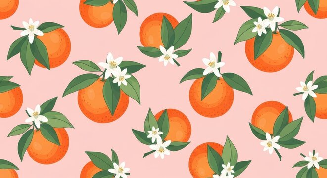 Seamless pattern of ripe oranges with green leaves and white blossoms on a soft pink background, perfect for a fresh and vibrant citrusthemed design