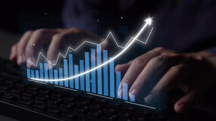 A close-up of hands typing on a keyboard, with a digital overlay of a graph showing financial growth, representing data analysis in a modern business setting. Copula - Powered by Adobe