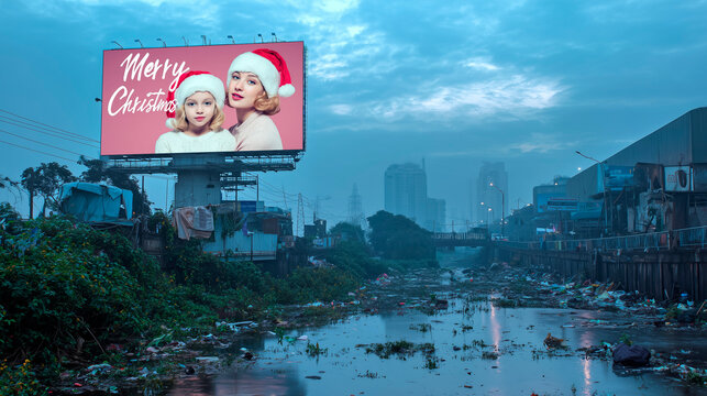 A gigantic Christmas billboard promoting happiness stands over a polluted river: a concept of irony and negation