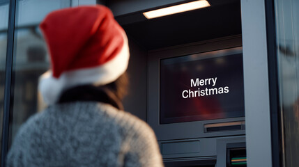 A woman wearing a Santa hat is standing in front of an ATM with the message "Merry Christmas" on the screen, concept of economic desperation