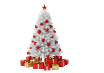 A white christmas tree decorated with red ornaments and stars, surrounded by red and gold gift boxes, isolated on transparent background