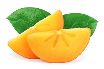 slice of Persimmon fruit with leaves isolated on white background close-up