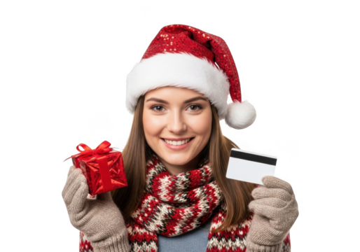 Smiling woman wearing santa hat and scarf, holding a small red gift box and a credit card, isolated on transparent background