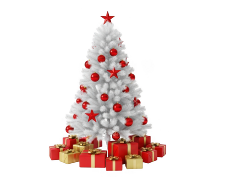 A white christmas tree decorated with red ornaments and stars, surrounded by red and gold gift boxes, isolated on transparent background