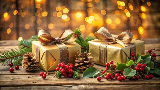 Two golden gift boxes with brown ribbons sit on a rustic wooden table surrounded by pine cones and red berries, creating a festive christmas scene