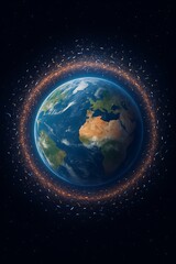 Fototapeta premium Earth from space, surrounded by a dense ring of numerous artificial satellites and space debris