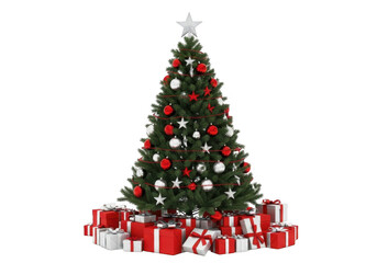Obraz premium A beautifully decorated christmas tree with red and white ornaments and presents underneath, isolated on transparent background