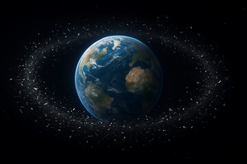 Fototapeta premium Earth from space, surrounded by a dense ring of numerous artificial satellites and space debris