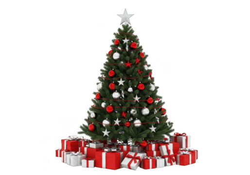 A beautifully decorated christmas tree with red and white ornaments and presents underneath, isolated on transparent background