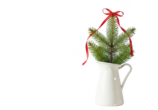 A small green fir tree branch with a red ribbon tied in a bow, placed in a white ceramic pitcher isolated on transparent background