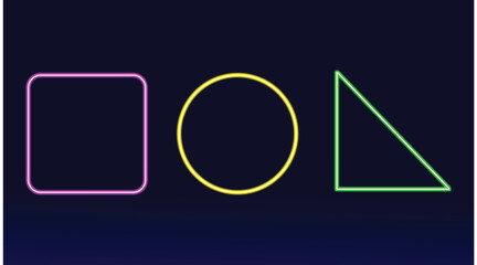 Neon gradient frames, glowing borders set, colorful futuristic UI design elements. Vibrant geometric shapes, modern signs collection. Bright circle, square and triangle. Vector illustration