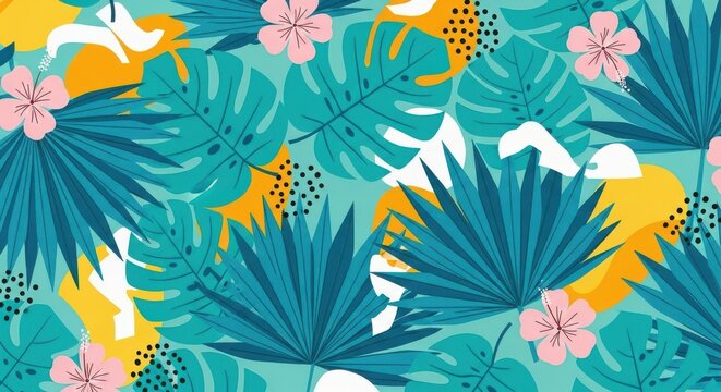 A vibrant tropical floral and leaf pattern with a teal background, featuring exotic plants and flowers in shades of green, yellow, and pink