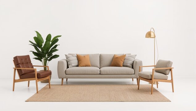 Cozy Modern Living Room with Mid Century Style Furniture and Natural Accents