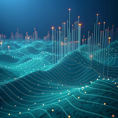 Blue digital technology design of abstract fractal realms pattern with light wave effect